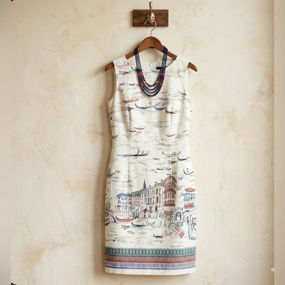 NEW Leslie Fay Venice Gondula Boat White Sleeveless Knee Length Shift Dress 14 - Picture 1 of 17